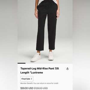 Lululemon Tapered leg mid rise pant 7/8
